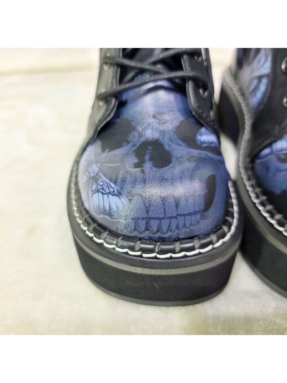 NIB NEW DEMONIA Emily Death Moth Skull Graphic Platform Goth Punk Mid Calf Boots - Picture 16 of 16